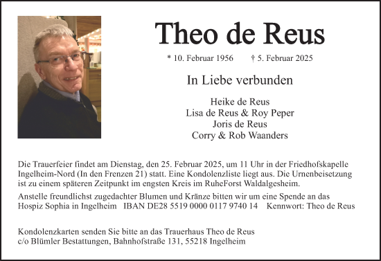Traueranzeige von Theo de Reus von Allgemeine Zeitung Rheinhessen-Nahe