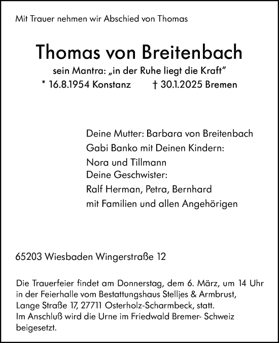 Traueranzeige von Thomas von Breitenbach von Darmstädter Echo