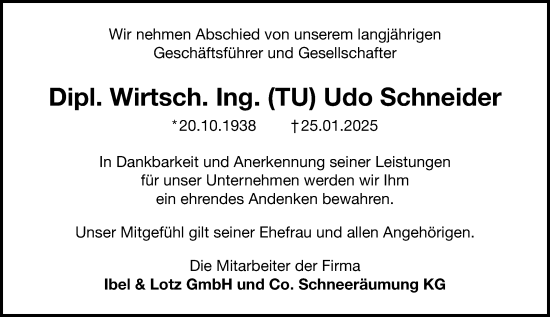 Traueranzeige von Udo Schneider von Darmstädter Echo