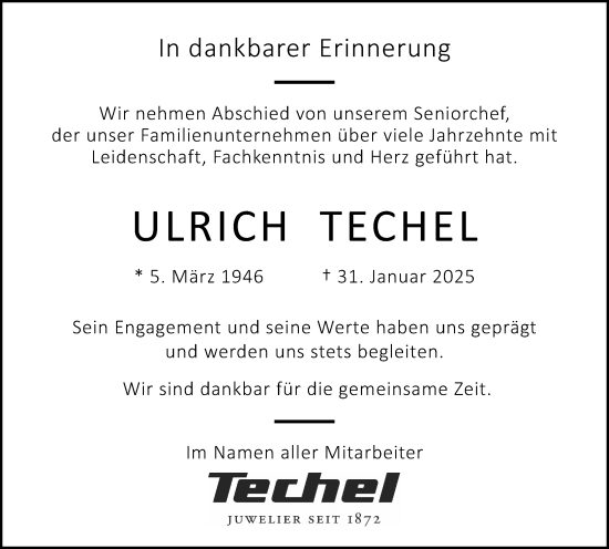 Traueranzeige von Ulrich Techel von Darmstädter Echo