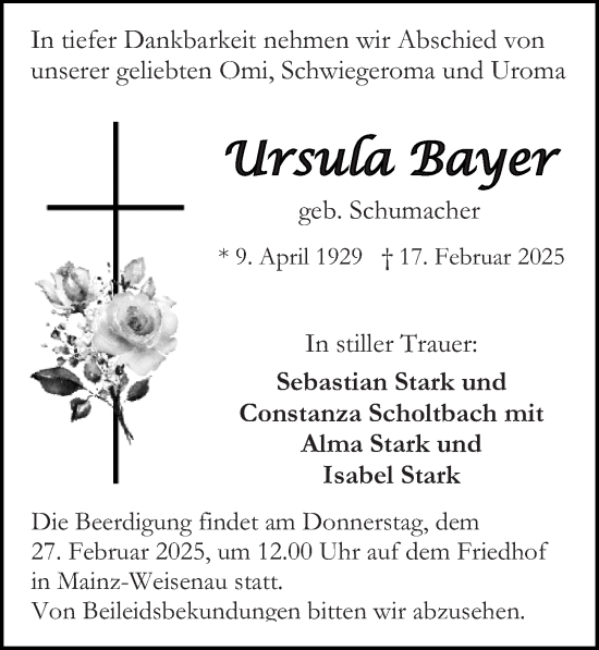 Traueranzeige von Ursula Bayer von Allgemeine Zeitung Mainz