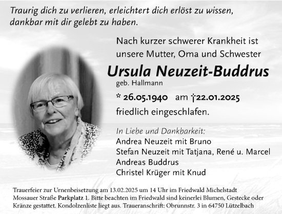 Traueranzeige von Ursula Neuzeit-Buddrus von Odenwälder Echo
