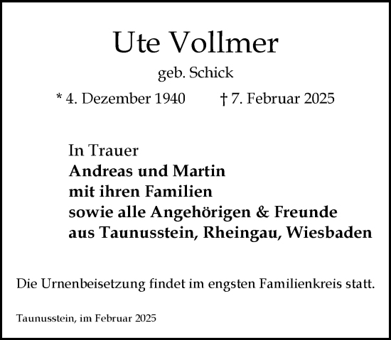 Traueranzeige von Ute Vollmer von Wiesbadener Kurier