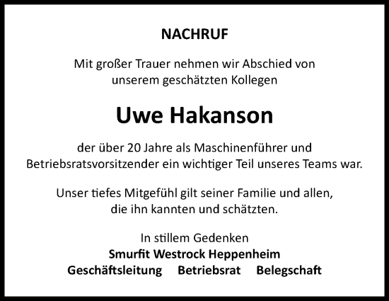 Traueranzeige von Uwe Hakanson von Starkenburger Echo