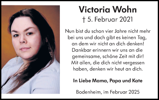 Traueranzeige von Victoria Wohn von Allgemeine Zeitung Mainz