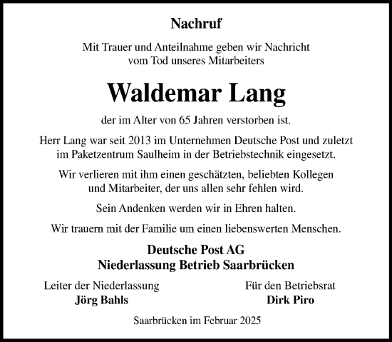 Traueranzeige von Waldemar Lang von Allgemeine Zeitung Alzey