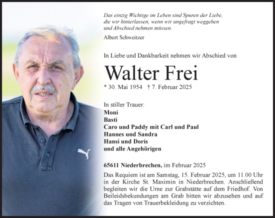 Traueranzeige von Walter Frei von Nassauische Neue Presse