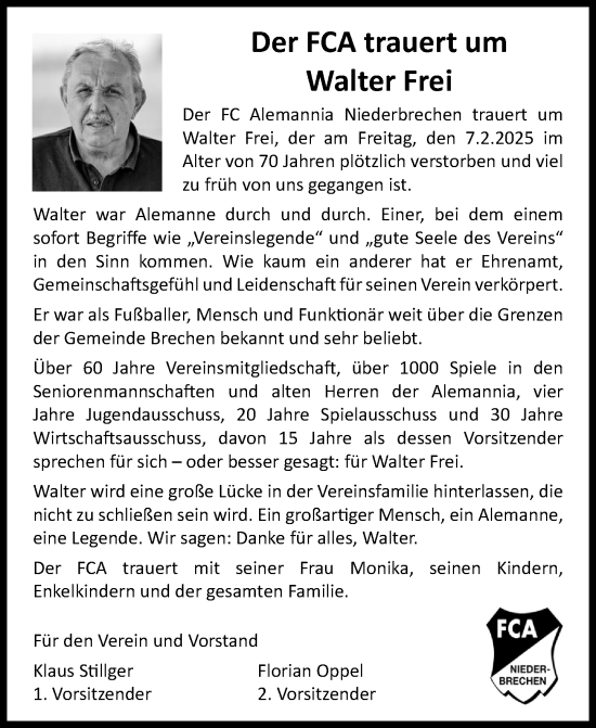 Traueranzeige von Walter Frei von Camberger Anzeiger