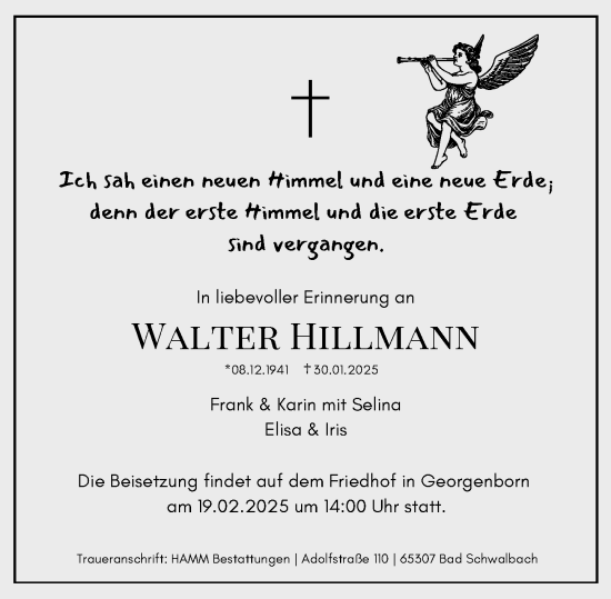 Traueranzeige von Walter Hillmann von Wiesbadener Kurier