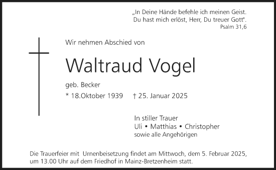 Traueranzeige von Waltraud Vogel von Allgemeine Zeitung Mainz