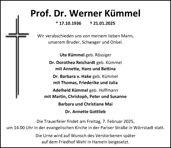 Traueranzeige von Werner Kümmel von Allgemeine Zeitung Alzey