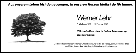 Traueranzeige von Werner Lehr von Wiesbadener Kurier