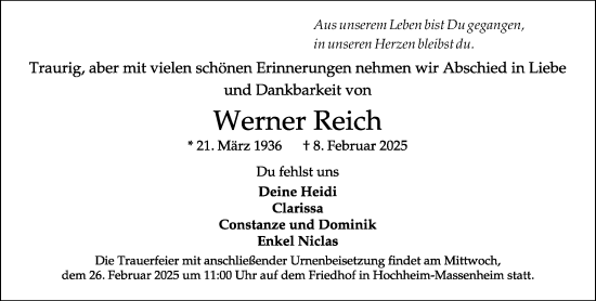 Traueranzeige von Werner Reich von Wiesbadener Kurier