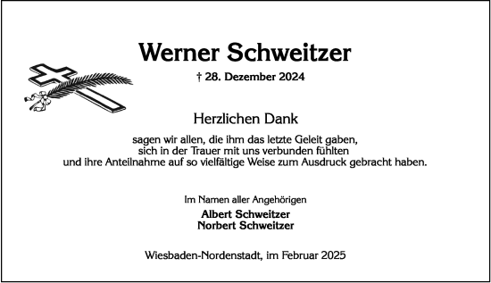 Traueranzeige von Werner Schweitzer von Wiesbadener Kurier