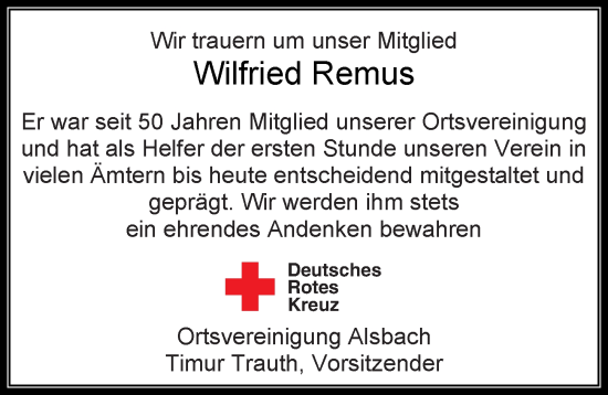Traueranzeige von Wilfried Remus von Darmstädter Echo