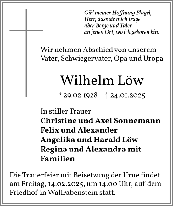 Traueranzeige von Wilhelm Löw von Idsteiner Land/Untertaunus