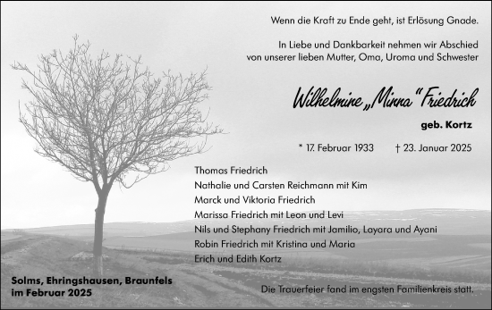 Traueranzeige von Wilhelmine Friedrich von Wetzlarer Neue Zeitung