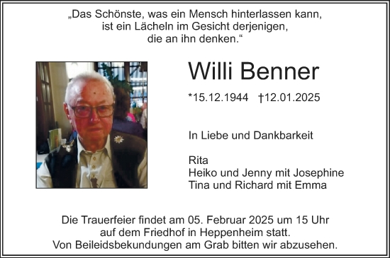 Traueranzeige von Willi Benner von Starkenburger Echo