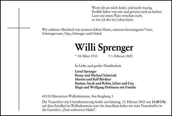 Traueranzeige von Willi Sprenger von Idsteiner Land/Untertaunus