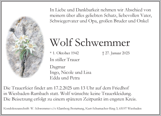 Traueranzeige von Wolf Schwemmer von Wiesbadener Kurier