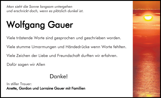 Traueranzeige von Wolfgang Gauer von Allgemeine Zeitung Mainz