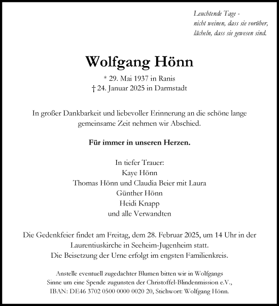 Traueranzeige von Wolfgang Hönn von Darmstädter Echo