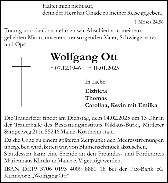 Traueranzeige von Wolfgang Ott von Allgemeine Zeitung Mainz