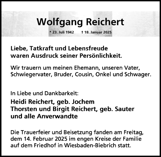 Traueranzeige von Wolfgang Reichert von Wiesbadener Kurier