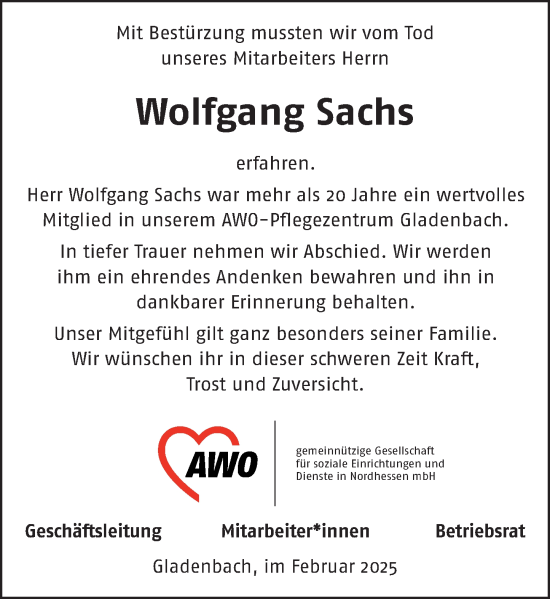 Traueranzeige von Wolfgang Sachs von Hinterländer Anzeiger