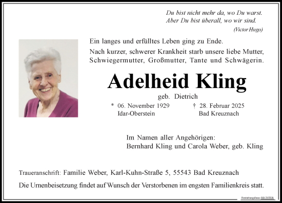 Traueranzeige von Adelheid Kling von Allgemeine Zeitung Rheinhessen-Nahe