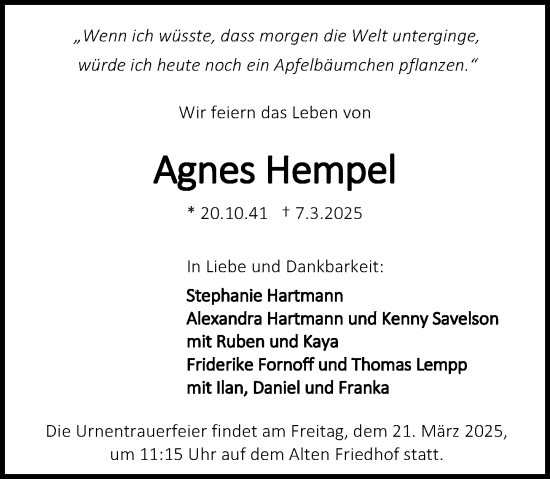 Traueranzeige von Agnes Hempel von Darmstädter Echo