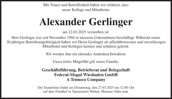 Traueranzeige von Alexander Gerlinger von Wiesbadener Kurier