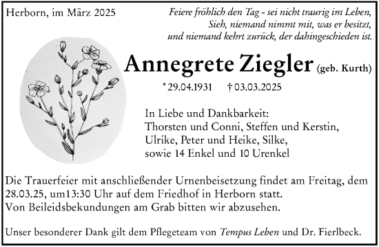 Traueranzeige von Annegrete Ziegler von Dill Block