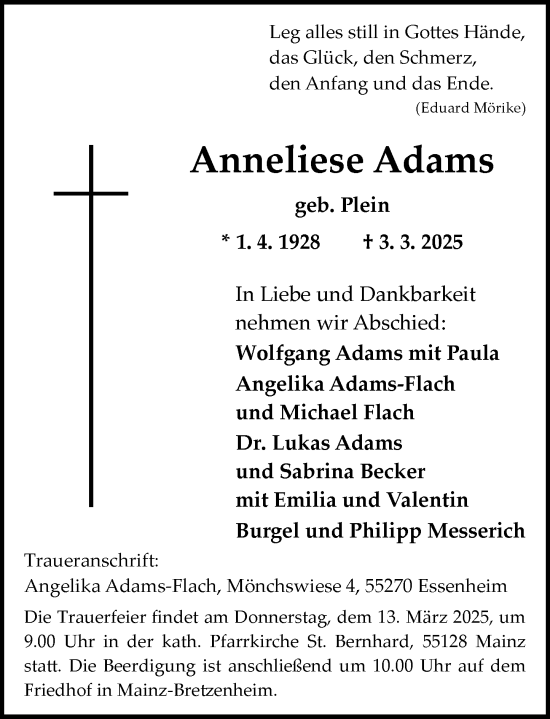 Traueranzeige von Anneliese Adams von Allgemeine Zeitung Mainz