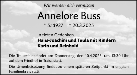 Traueranzeige von Annelore Buss von Darmstädter Echo