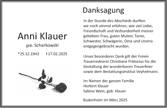 Traueranzeige von Anni Klauer von Allgemeine Zeitung Mainz
