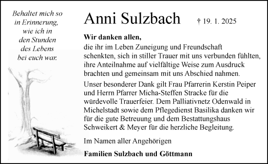 Traueranzeige von Anni Sulzbach von Odenwälder Echo
