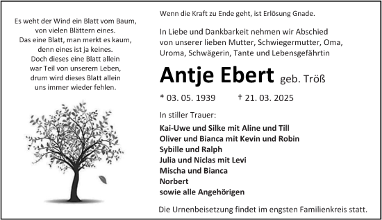Traueranzeige von Antje Ebert von Dill Block