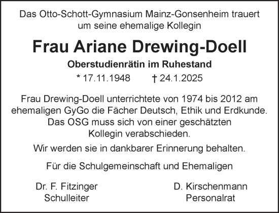 Traueranzeige von Ariane Drewing-Doell von Allgemeine Zeitung Mainz