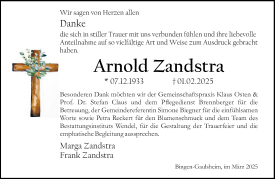 Traueranzeige von Arnold Zandstra von Binger-/Ingelheimer Wochenblatt