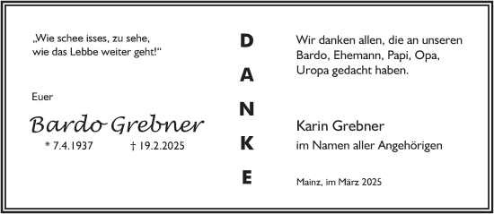 Traueranzeige von Bardo Grebner von Allgemeine Zeitung Mainz