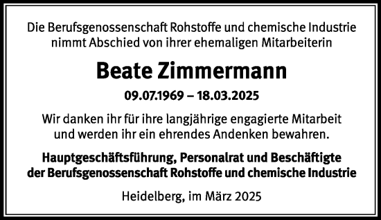 Traueranzeige von Beate Zimmermann von Allgemeine Zeitung Mainz