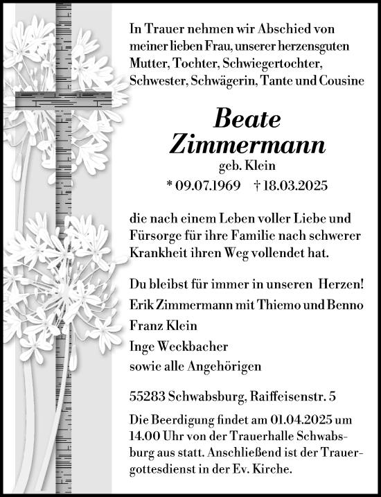 Traueranzeige von Beate Zimmermann von Allgemeine Zeitung Mainz