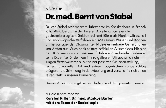 Traueranzeige von Bernt von Stabel von Odenwälder Echo