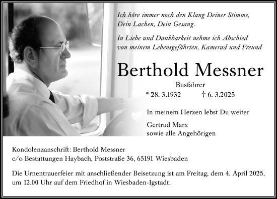Traueranzeige von Berthold Messner von Wiesbadener Kurier