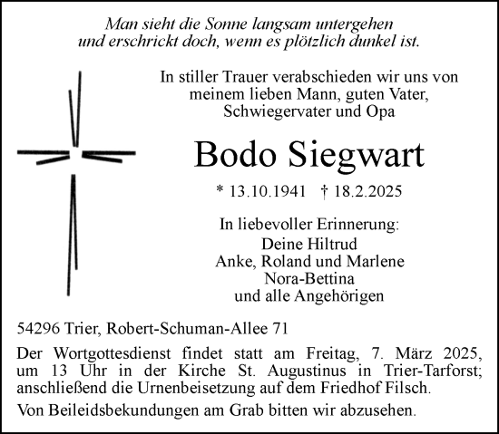 Traueranzeige von Bodo Siegwart von Wiesbadener Kurier