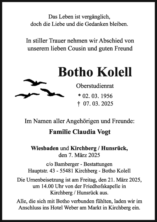 Traueranzeige von Botho Kolell von Wiesbadener Kurier