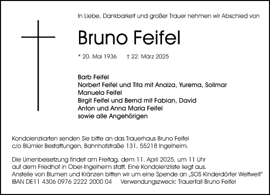 Traueranzeige von Bruno Feifel von Allgemeine Zeitung Rheinhessen-Nahe
