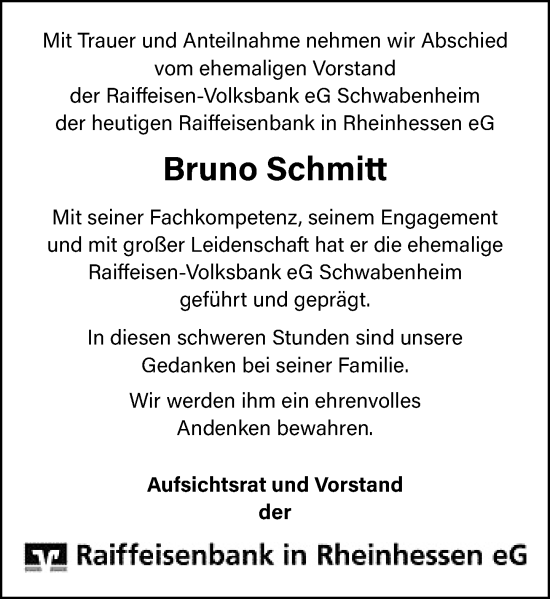 Traueranzeige von Bruno Schmitt von Allgemeine Zeitung Rheinhessen-Nahe