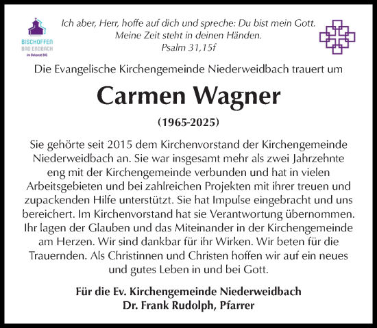 Traueranzeige von Carmen Wagner von Hinterländer Anzeiger